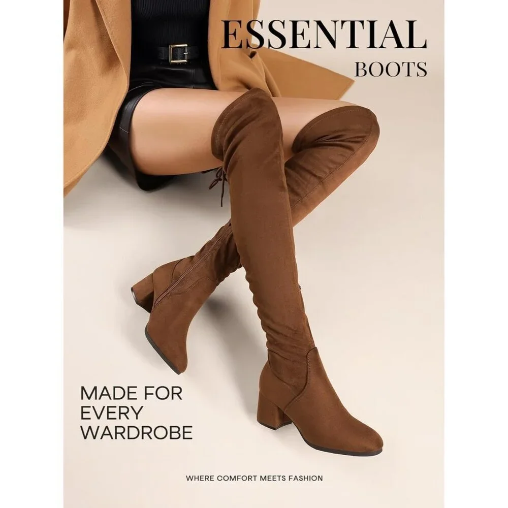 Women's Brown Suede Over The Knee Thigh High Chunky Heel Long Stretch Boots